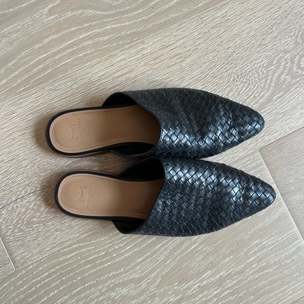 Marc Fisher Black Leather Woven Slides